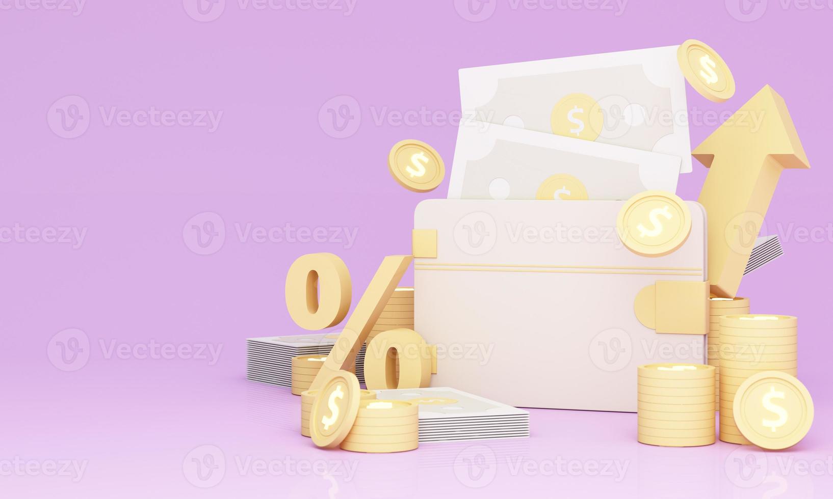 Big wallet symbol higher interest rates on deposits and digital money in the concept of financial stability and growth and an empty space for entering text on a purple background realistic 3d render photo