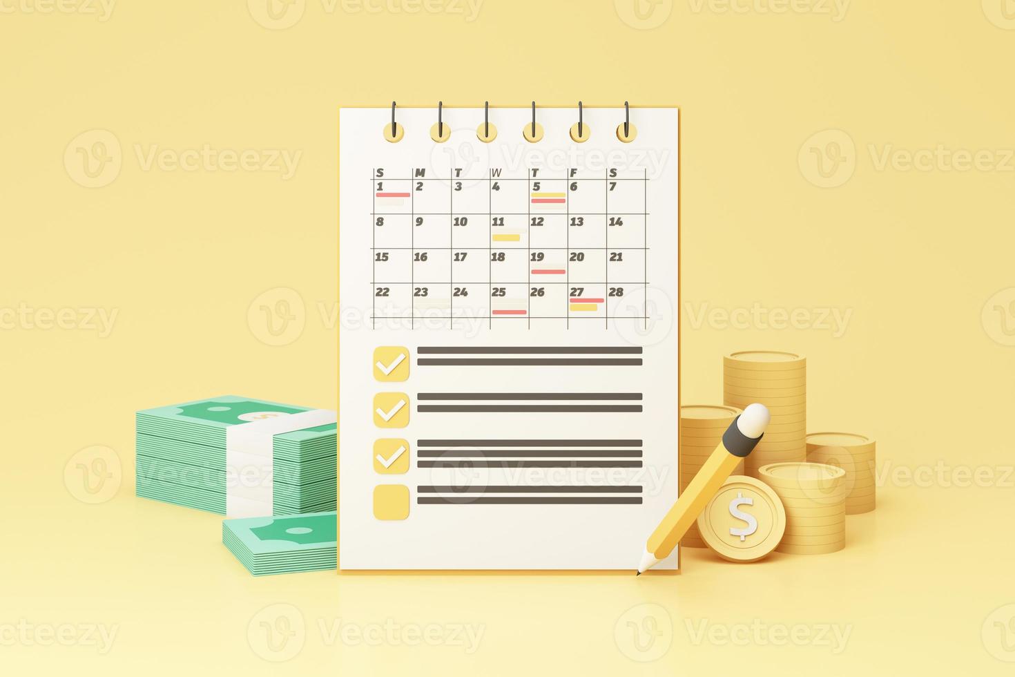 financial concept and money saving, Monthly expenses and spending planning on notepad, calendar and pencil. with Bundle of money, banknote and gold coins on yellow background. realistic 3d render photo