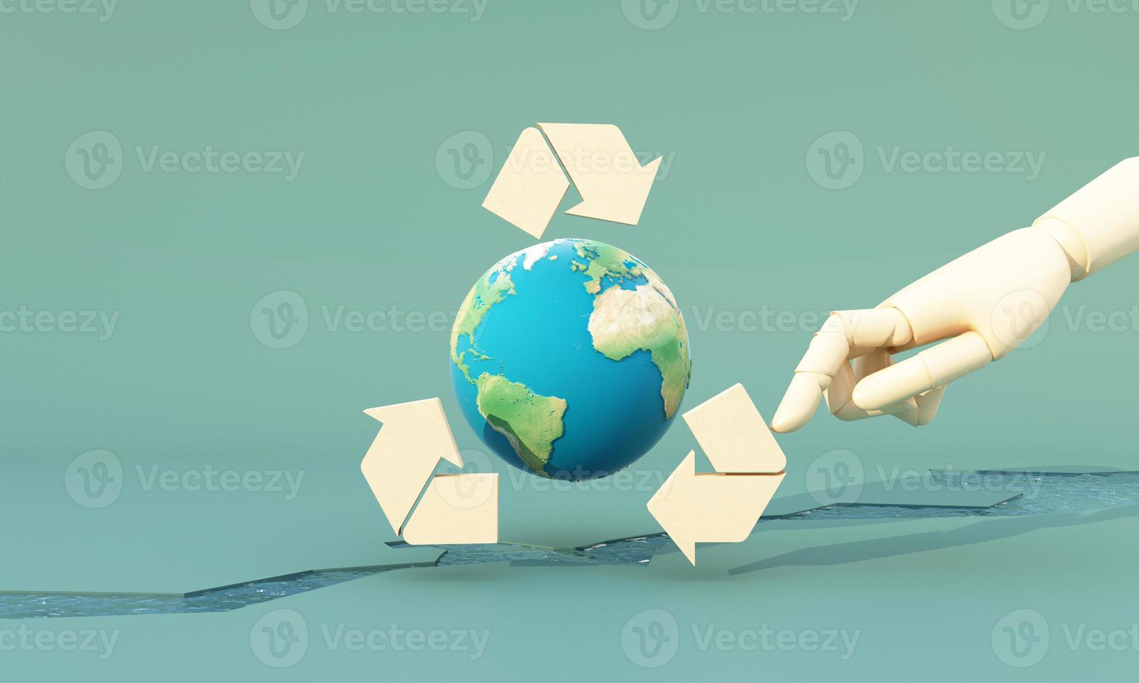 concepto de reciclaje de tierra verde día de la tierra rodeado de globos, icono de símbolo de reciclaje y mano de madera sobre un fondo verde con ríos. renderizado 3d de dibujos animados realistas foto