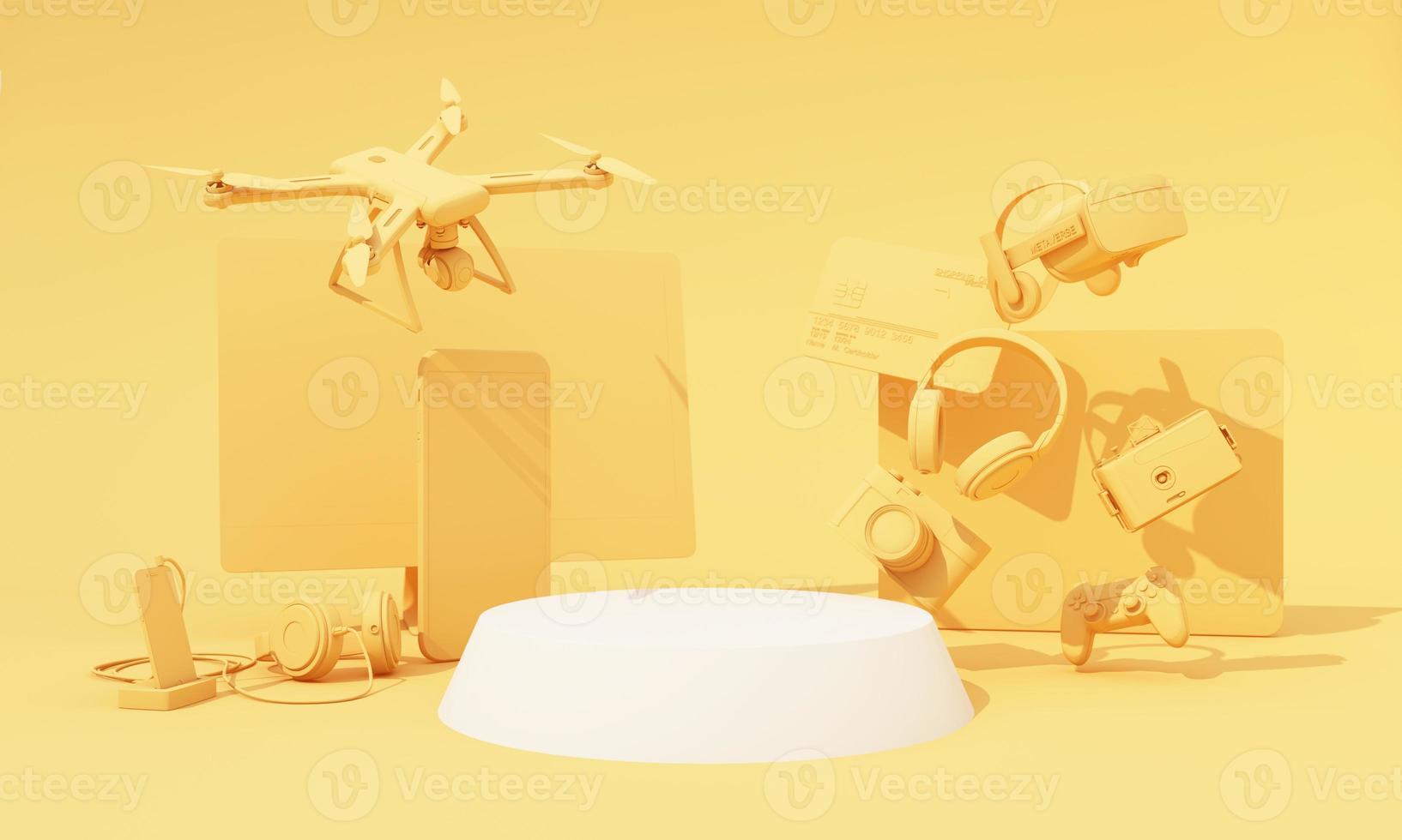 online shopping concept about electronics and gadgets in modern promotion period of new models consist of phone, vr, headphone, with drone and credit card on yellow background. realistic 3d rendering photo