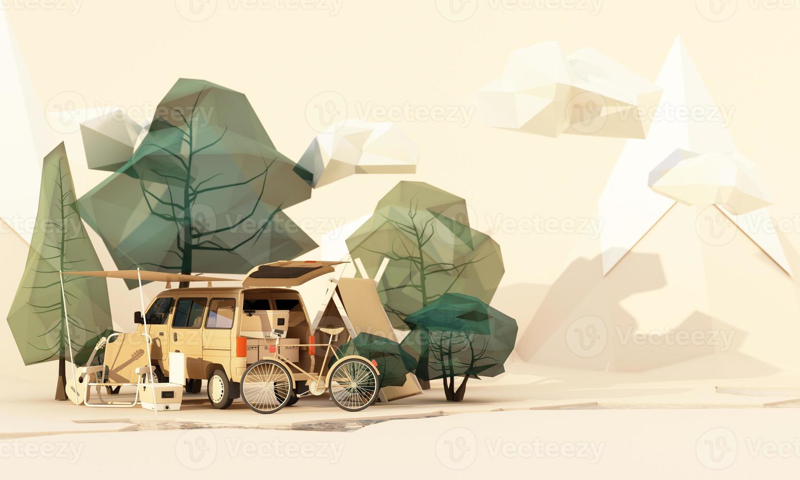 low poly cartoon part Mobile homes and tents In the national park, there are bicycles, ice buckets, guitars and chairs, and trees with clouds and mountains in the background. green tone 3d render photo