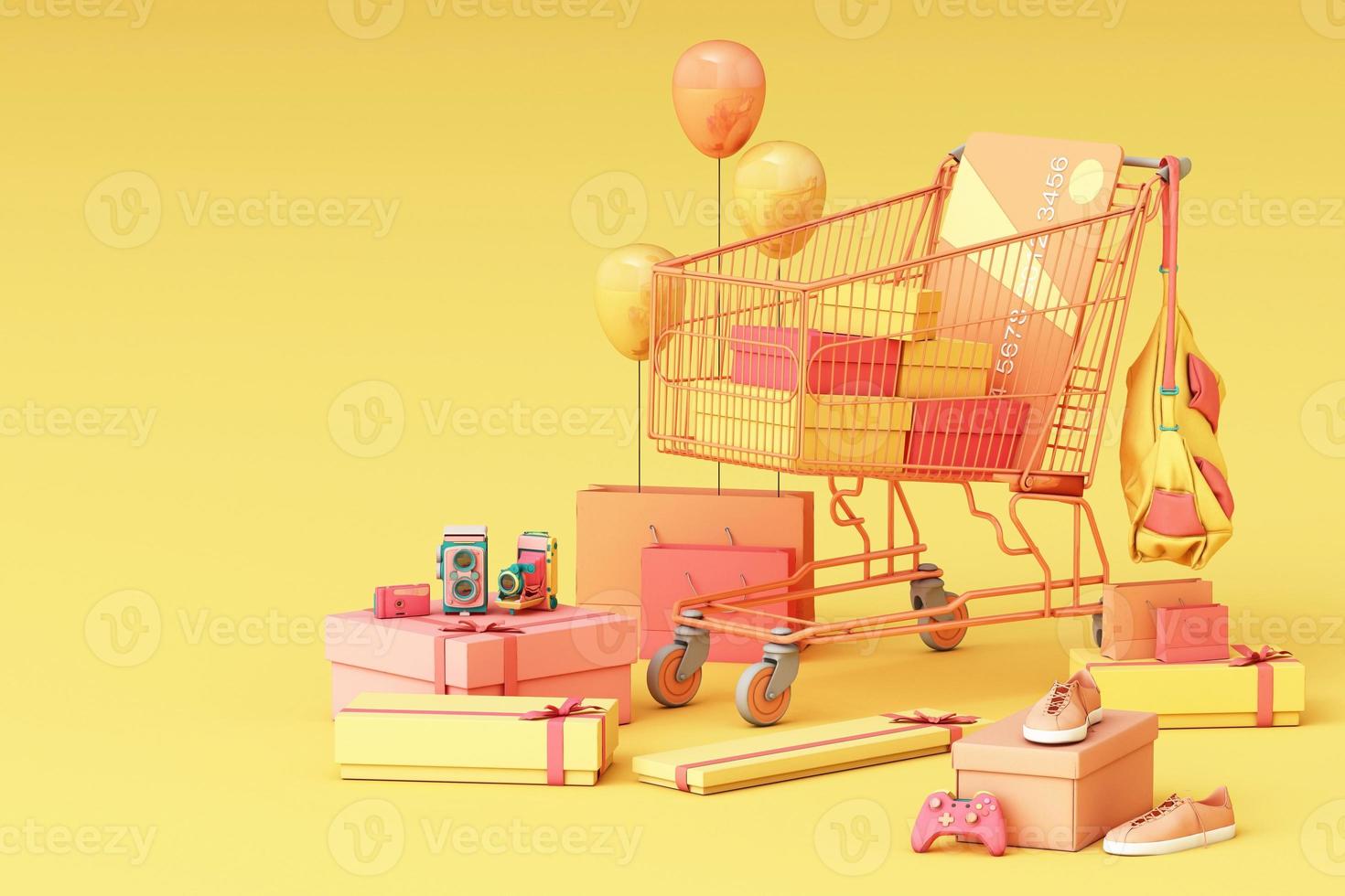 Supermarket shopping cart surrounding by giftbox with credit card on pastel background. 3d rendering photo