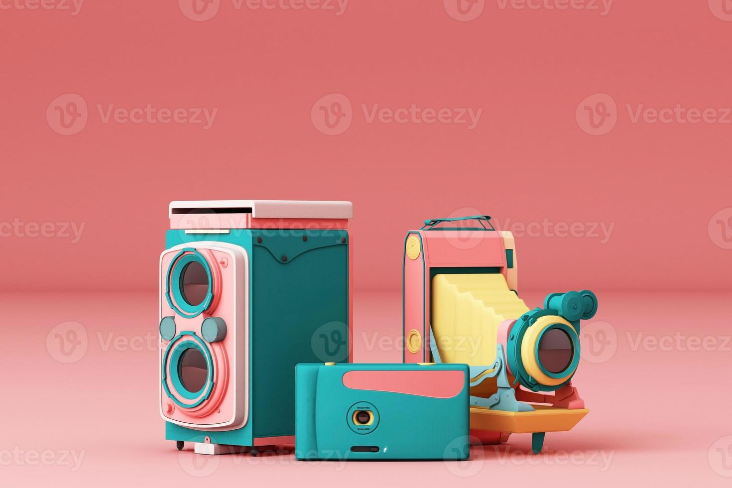 Colorful vintage camera surrounding by memphis pattern on a pastel background. 3d render. photo