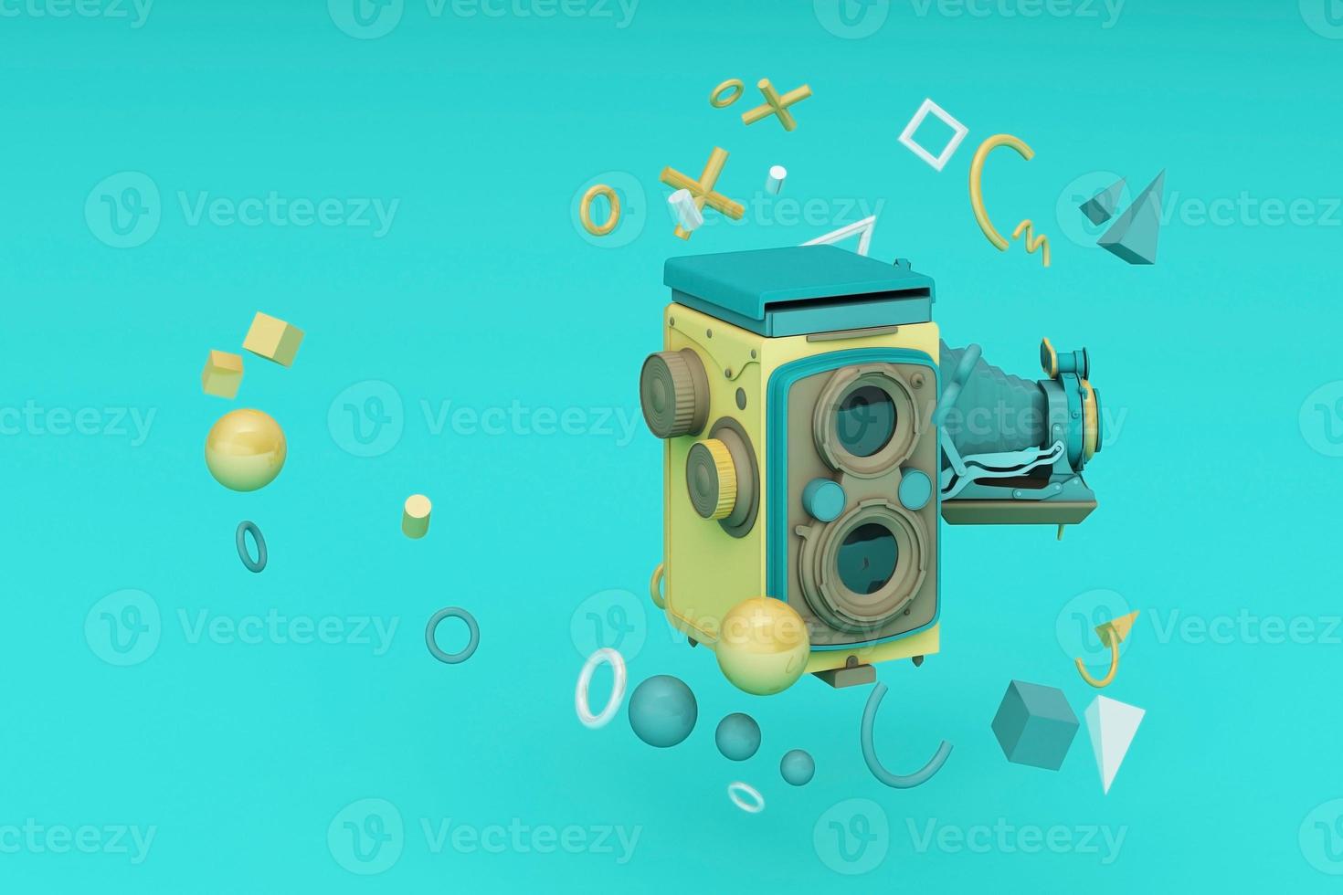 Colorful vintage camera surrounding by memphis pattern on a pastel background. 3d render. photo