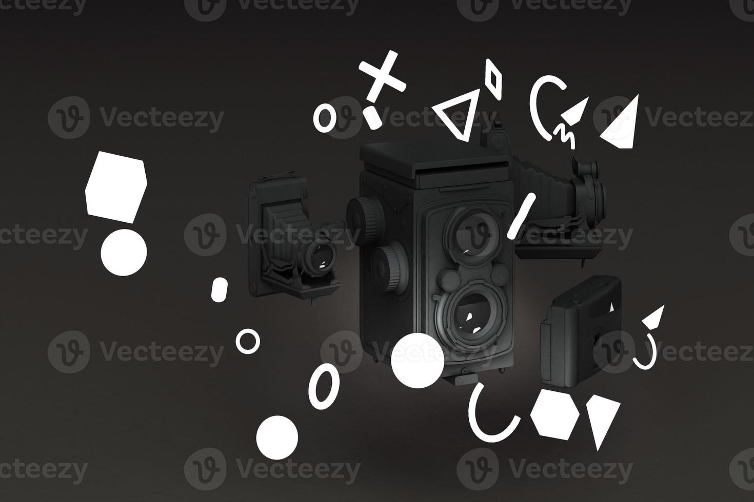 Colorful vintage camera surrounding by memphis pattern on a pastel background. 3d render. photo