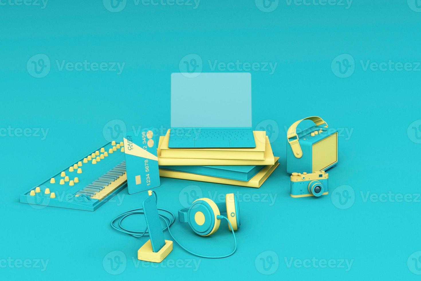 Laptop surrounding by colorful gadgets on pastel background. 3d rendering photo