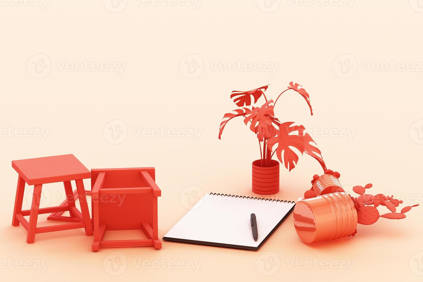 A4 flipped paper with black clipboard, potted plant, cactus, frame and pen on pastel background. 3d rendering photo