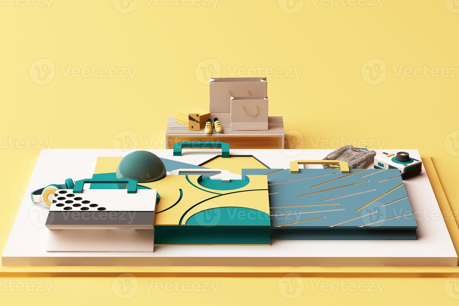 Design with composition of shopping bag by geometric memphis style shapes in pastel tone. 3d rendering illustration photo
