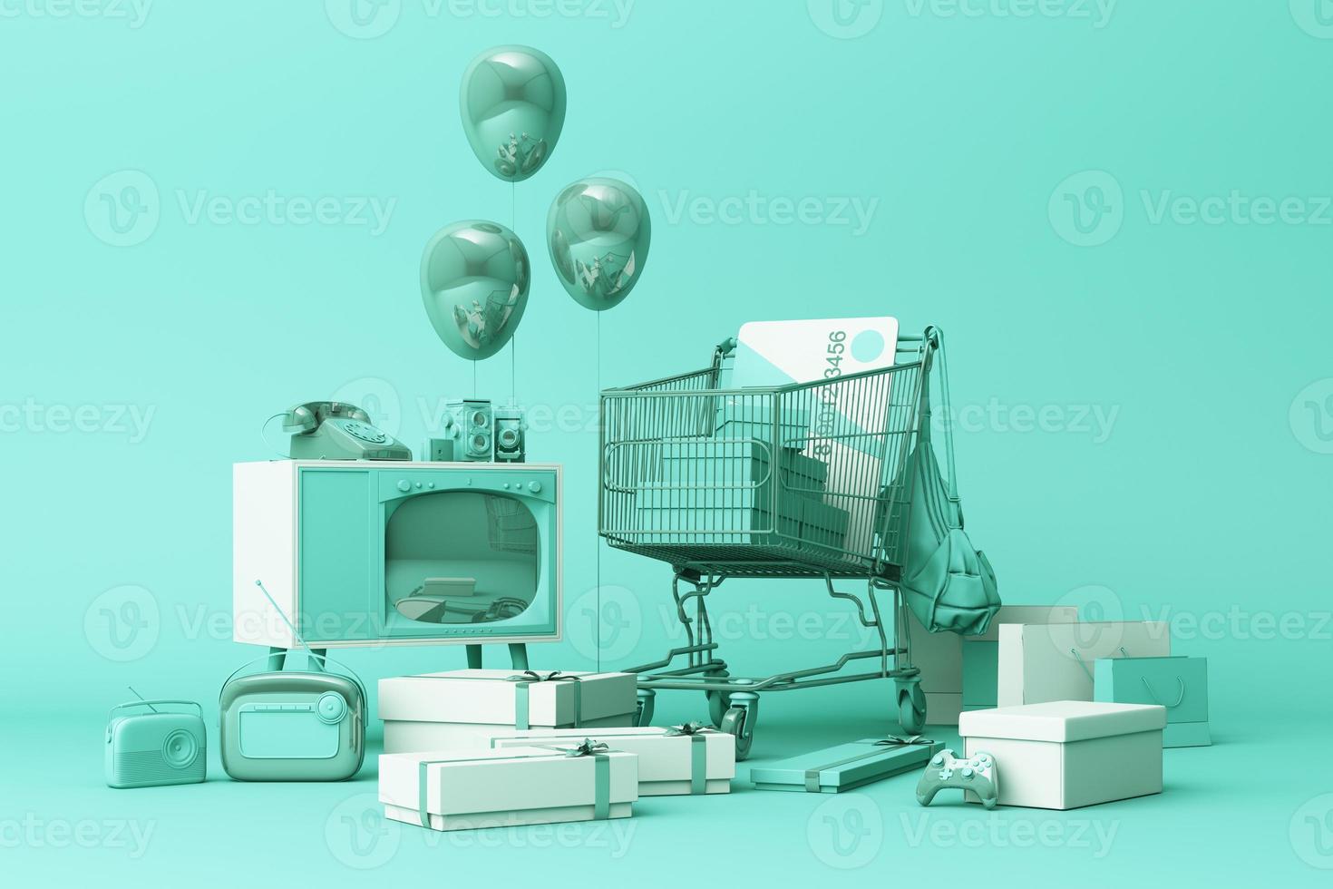 Supermarket shopping cart surrounding by giftbox with credit card and many gadget on pastel background. 3d rendering photo