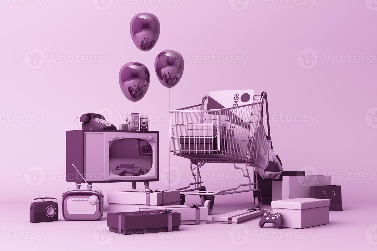 carro de compras de supermercado rodeado de caja de regalo con tarjeta de crédito y muchos artilugios sobre fondo pastel. representación 3d foto