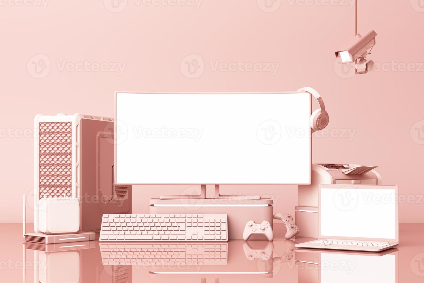 computadora y pantalla blanca de loptop con muchos aparatos en teble en tonos pastel. representación 3d foto