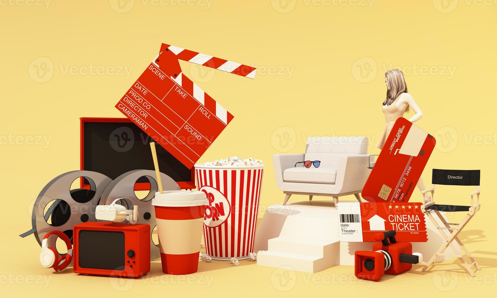 The concept of watching movies online at home credit card Surrounded by movie equipment, movie tickets, film reels, movie cameras Popcorn and drinks with armchair chairs and women 3d rendering photo