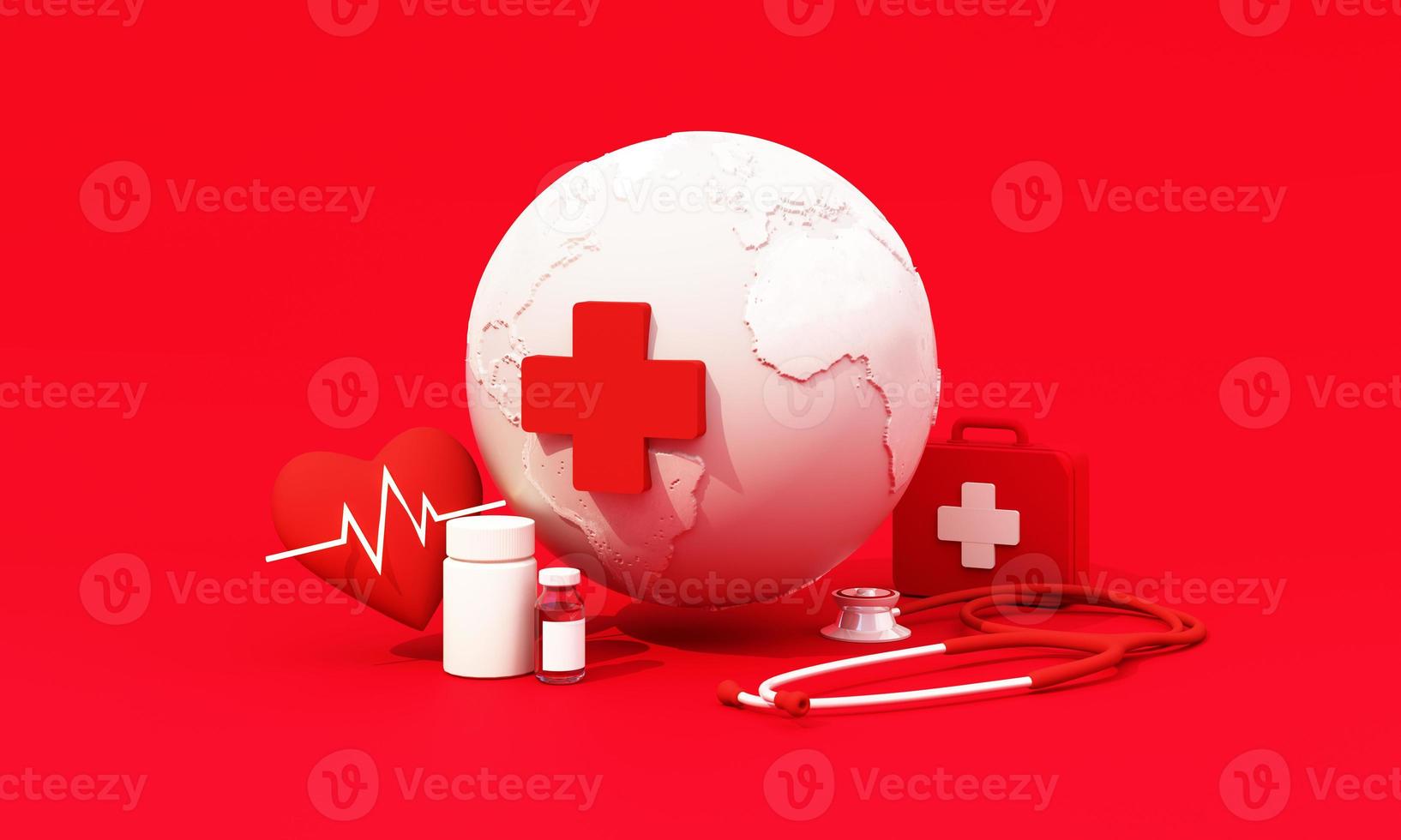 May 8th, World Red Cross symbol with globe on white background, and red paper people, low poly trees around the world, World Red Cross and red Crescent Day, insurance. realistic 3d render photo