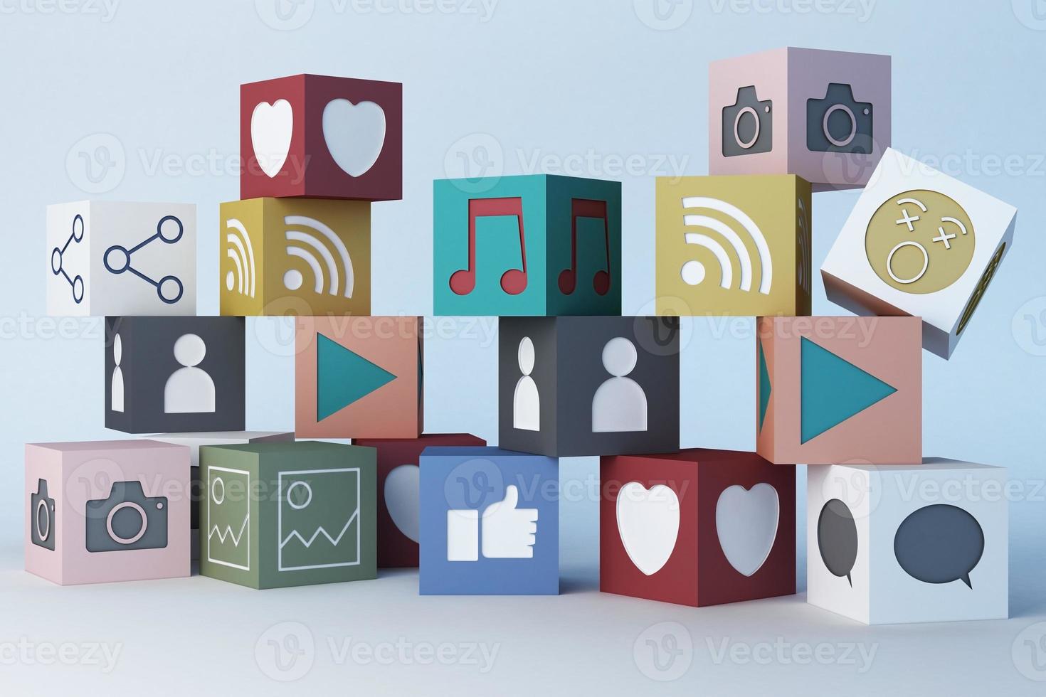 icono de redes sociales corazón emoji y caja de iconos. representación 3d foto