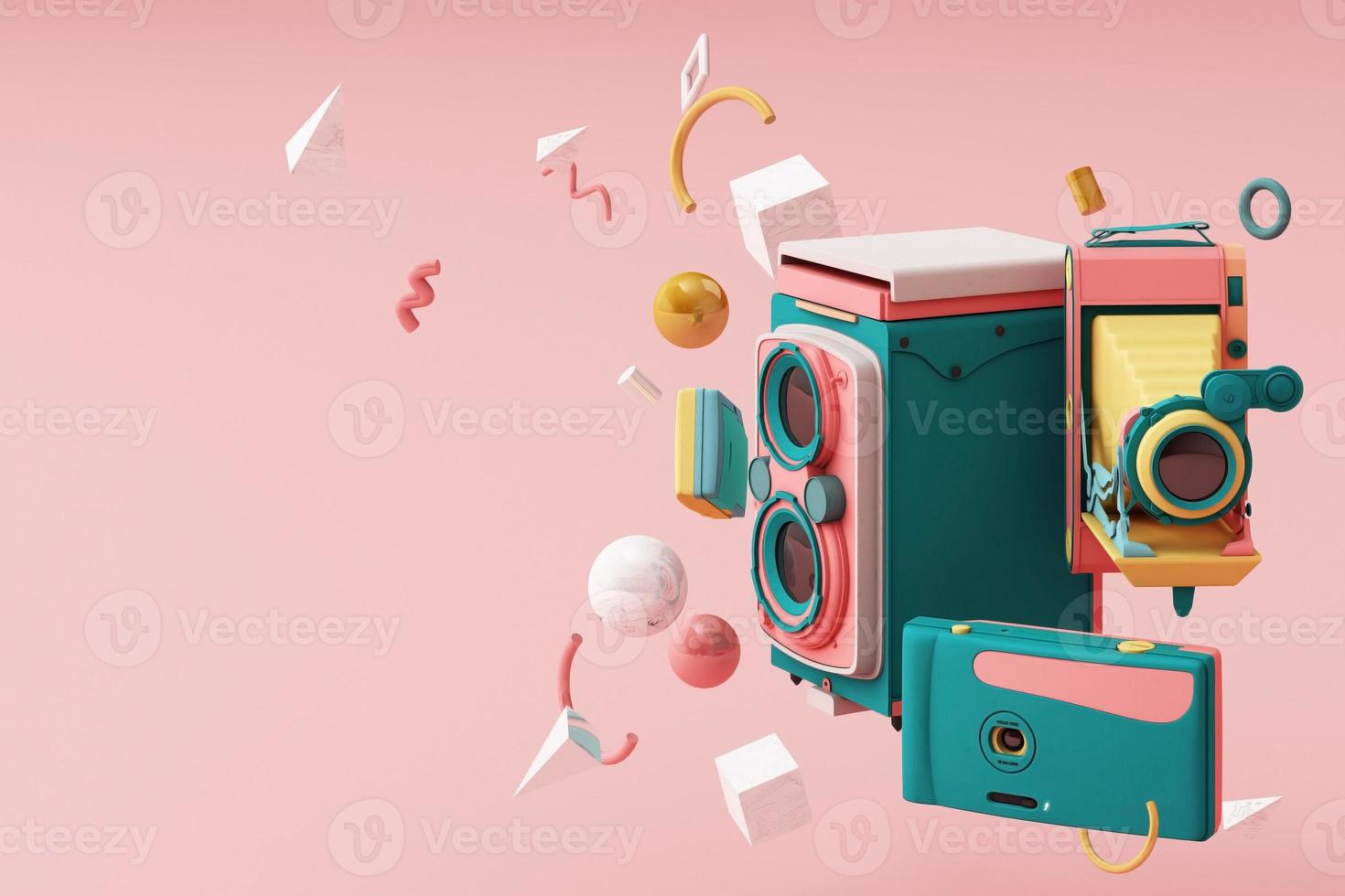 Colorful vintage camera surrounding by memphis pattern on a pastel background. 3d render. photo