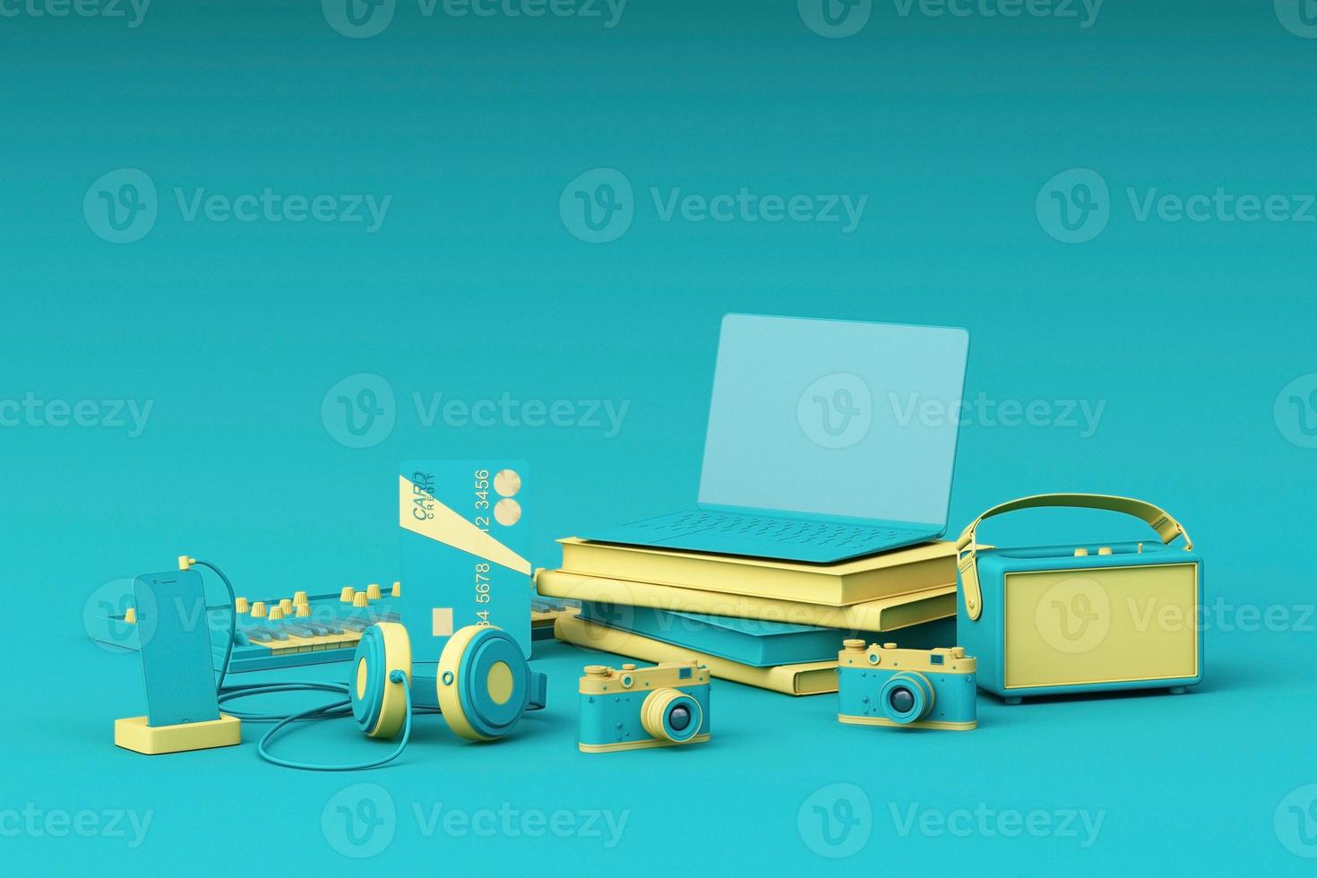 Laptop surrounding by colorful gadgets on pastel background. 3d rendering photo