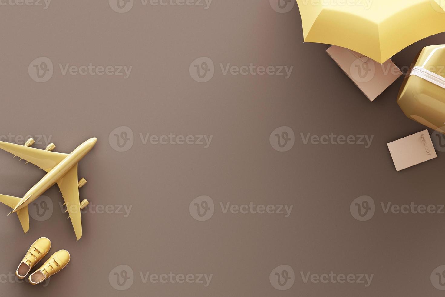 suitcase with traveler accessories on grey  background. travel concept. 3d rendering photo
