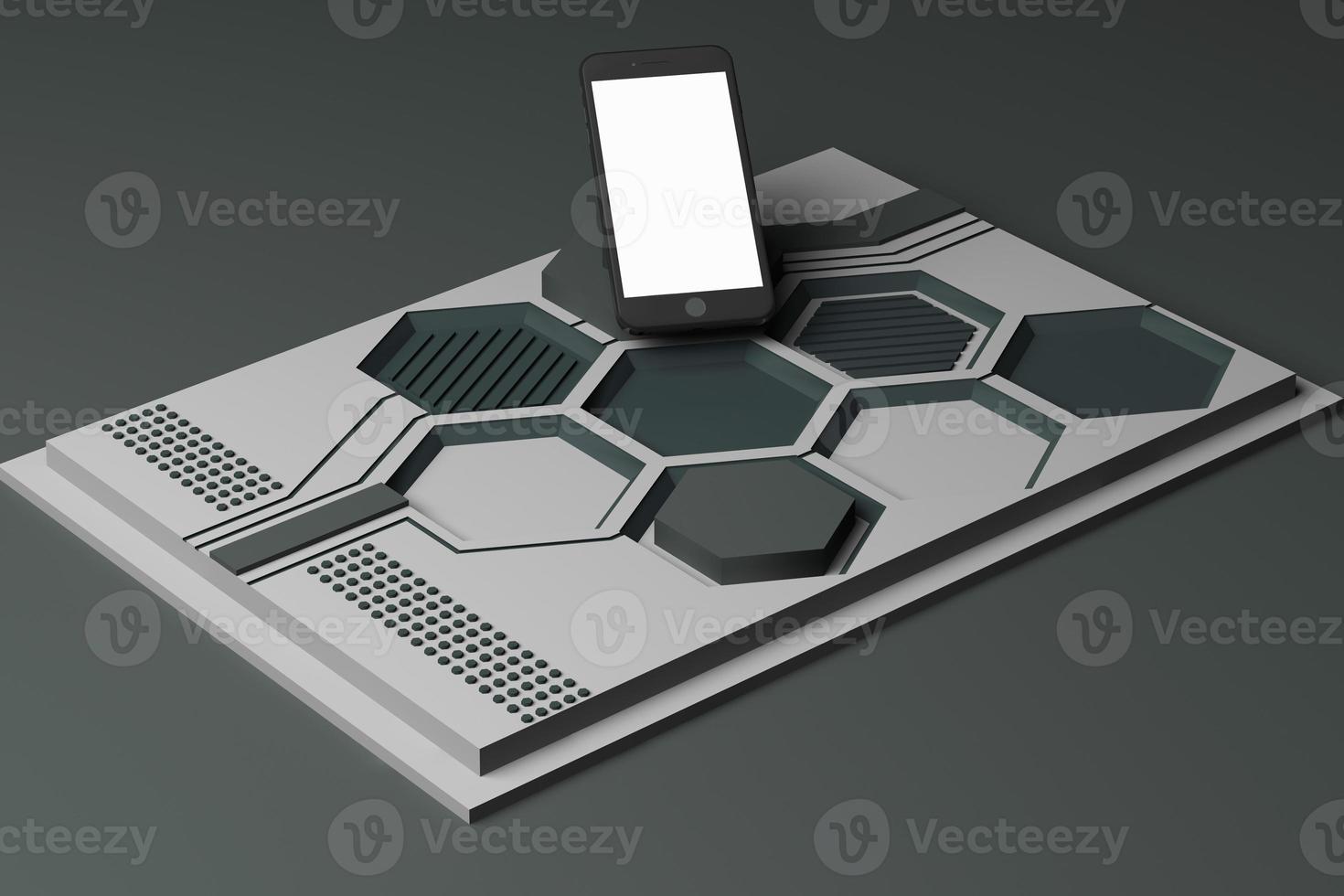 Smartphone with technology concept, Abstract composition of geometric shapes platforms in orange and pastel color. 3d rendering photo