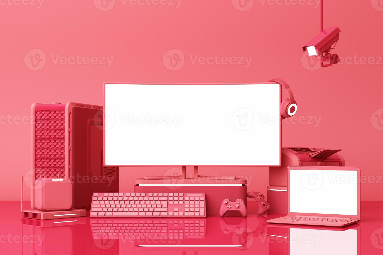 Computer and loptop white screen with many gadgets on teble in pastel tone. 3d rendering photo