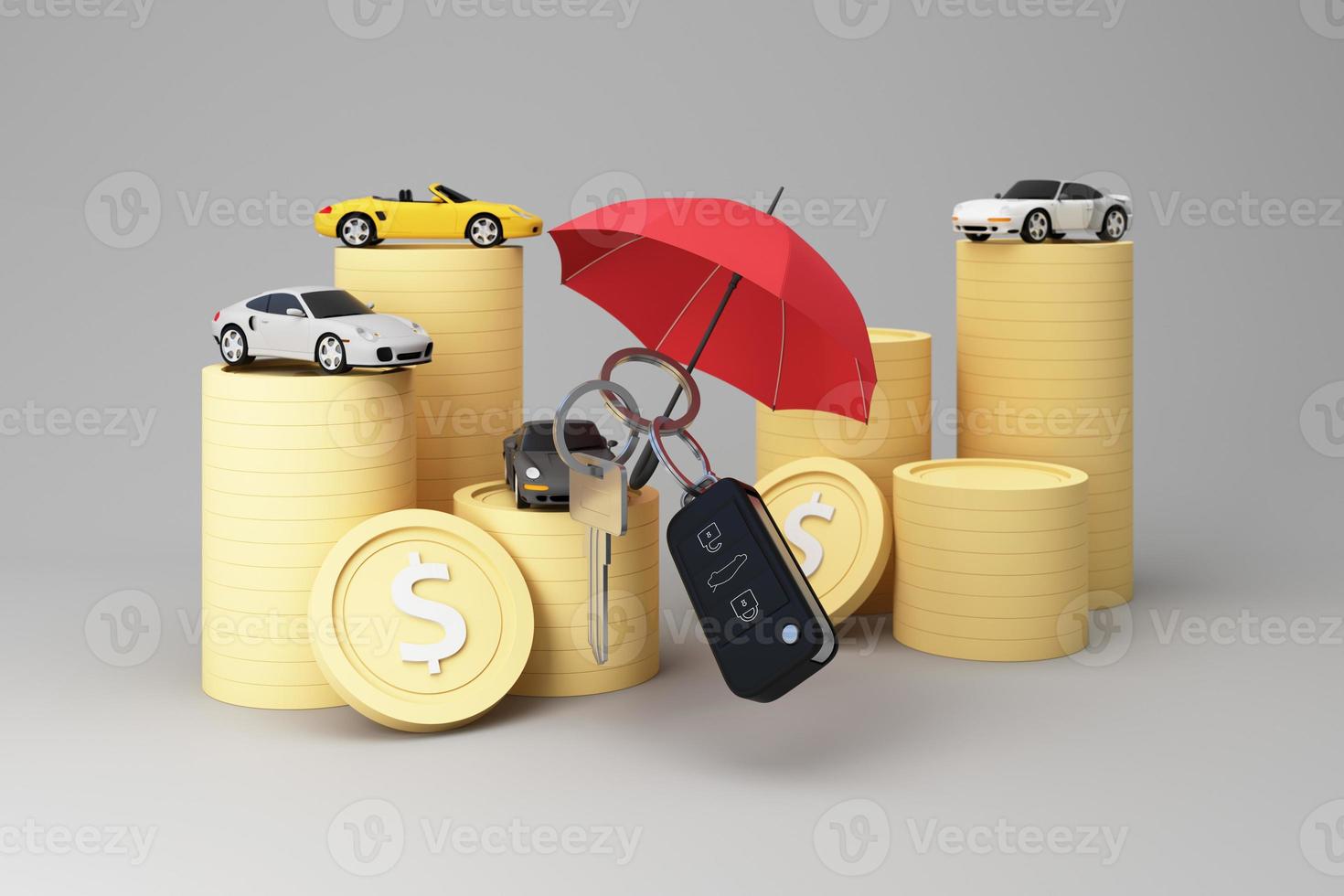 Dealer giving keys chain to a buyer. car rental or sale and car insurance or savings to buy a car concept with money cash and calculator and money coins on pastel background 3d rendering photo