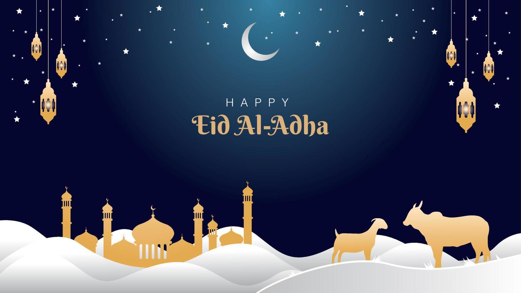 feliz eid al adha con mezquita vector