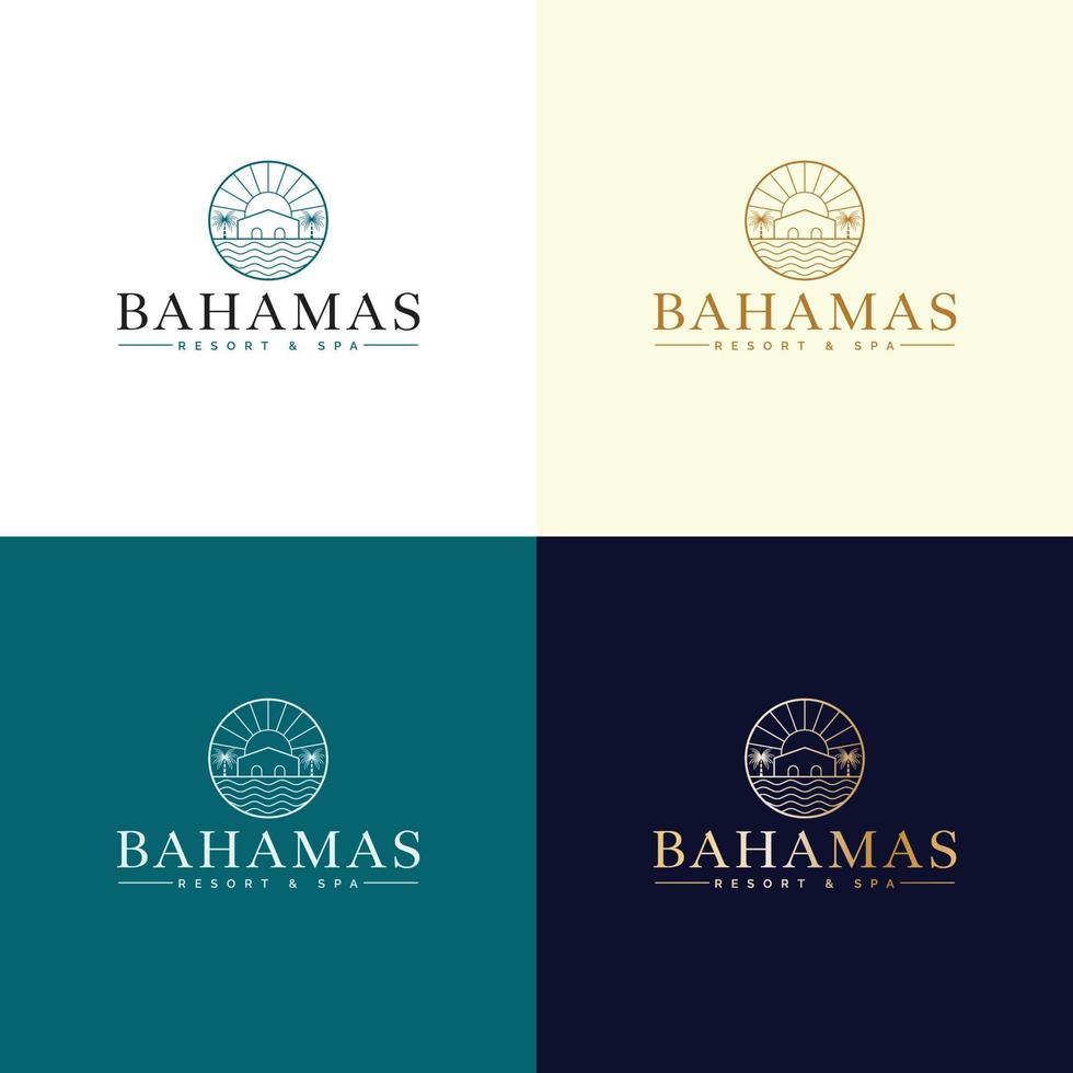 Vector logo template with villa and palm trees - abstract summer and vacation icon and emblem for vacation rentals, travel services, tropical spas and beauty studio. Bahamas resort and spa logo design