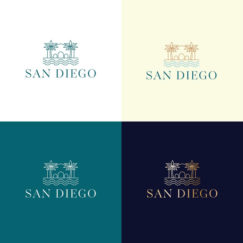 plantilla de logotipo vectorial con villa y palmeras - icono abstracto de verano y vacaciones y emblema para alquileres de vacaciones, servicios de viaje, spas tropicales y estudio de belleza. diseño de logotipo de bienes raíces de san diego vector