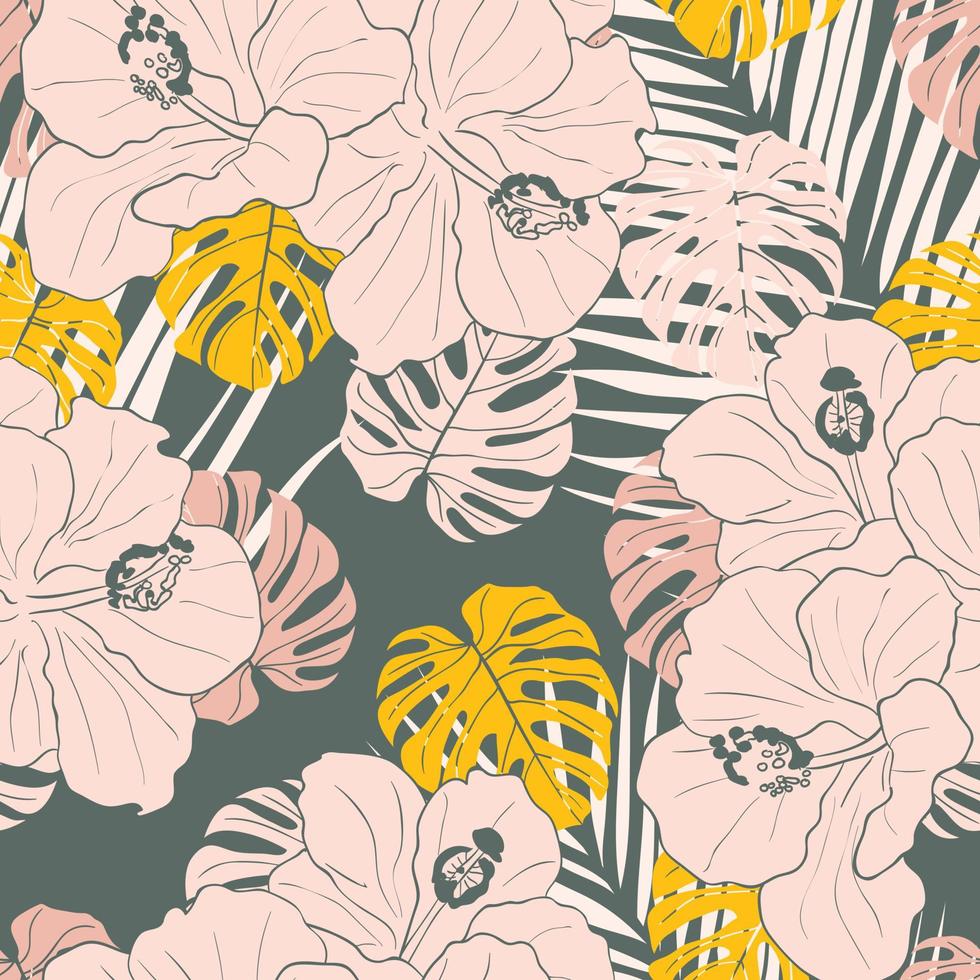 Hibiscus flowers and leaves seamless pattern background. Tropical nature wrapping paper or textile design. Beautiful print with hand-drawn exotic flower. vector