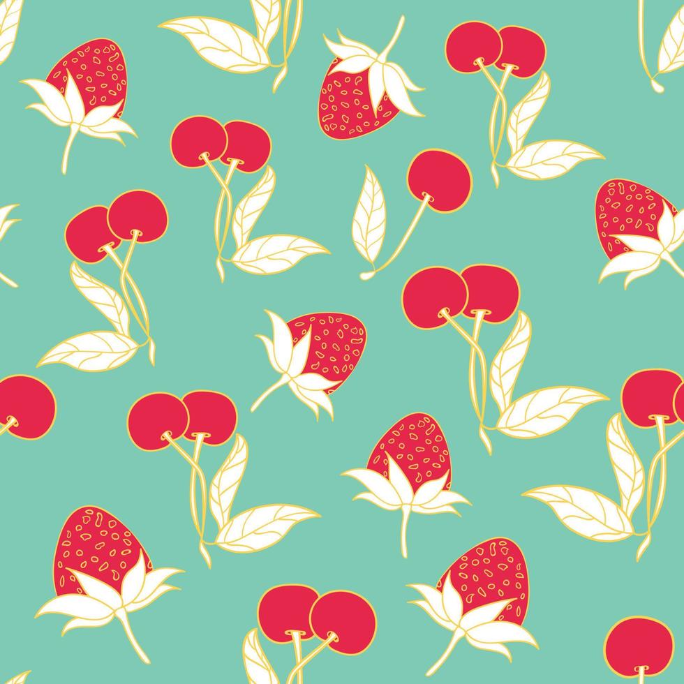 diseño de patrones sin fisuras de fresas y cerezas. hermoso fondo de bayas tropicales. frutas tropicales y hojas de fondo transparente. bueno para estampados, papel de envolver, textiles y telas. vector