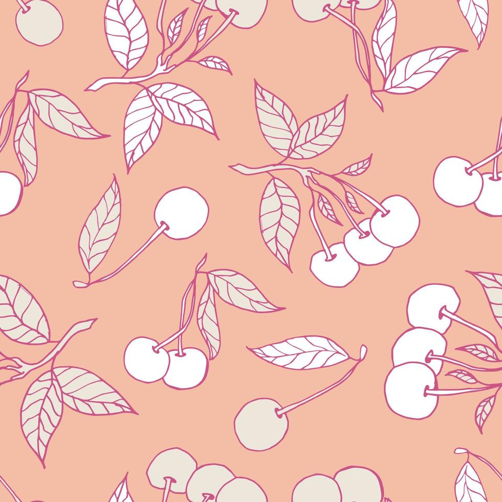 Cherries seamless pattern design. Beautiful tropical berries background. Tropical fruits and leaves seamless pattern background. Good for prints, wrapping paper, textile and fabric. vector