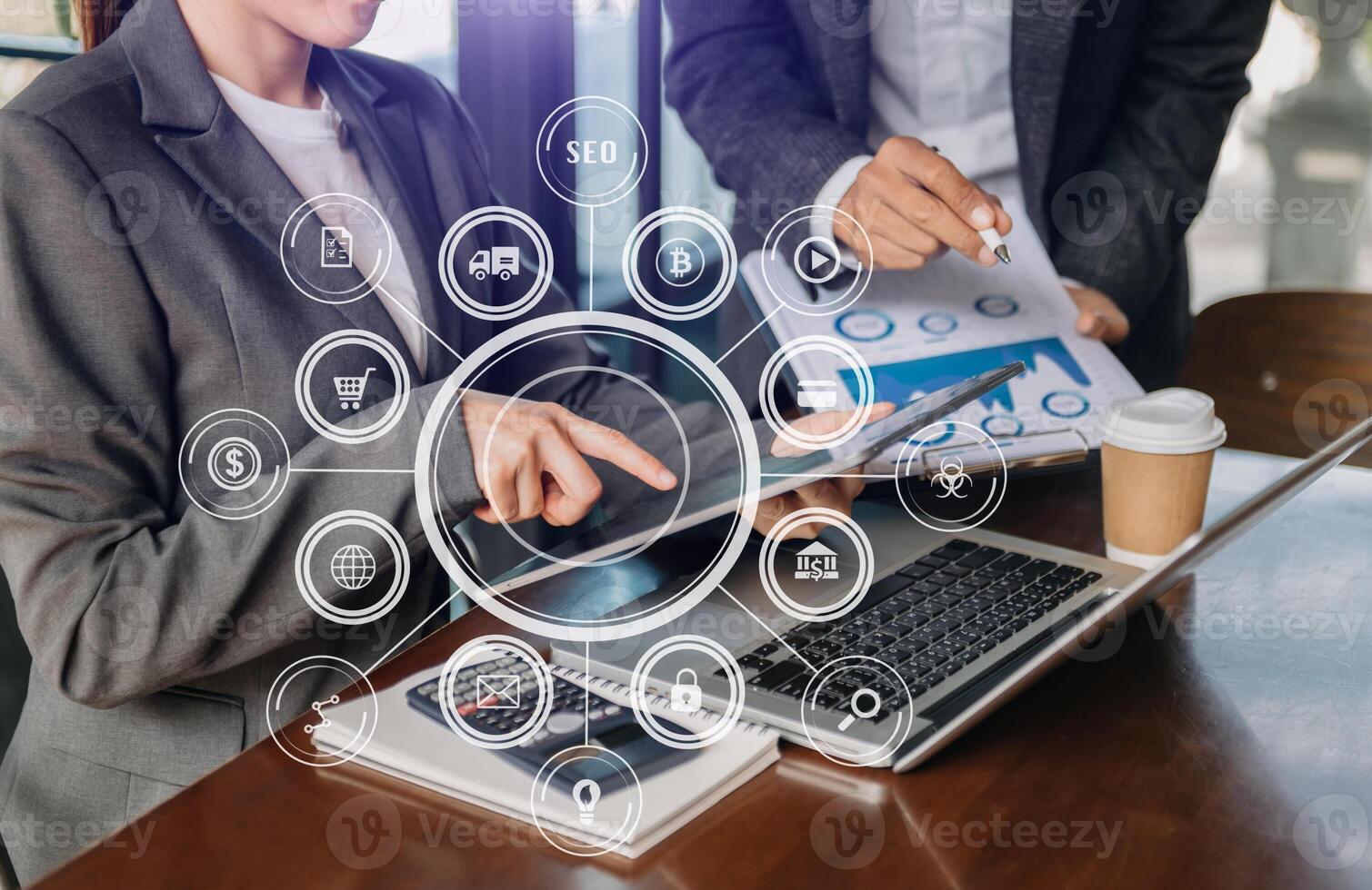 Business team partnership meeting. hand using laptop, tablet and smartphone  in office. in VR icon photo