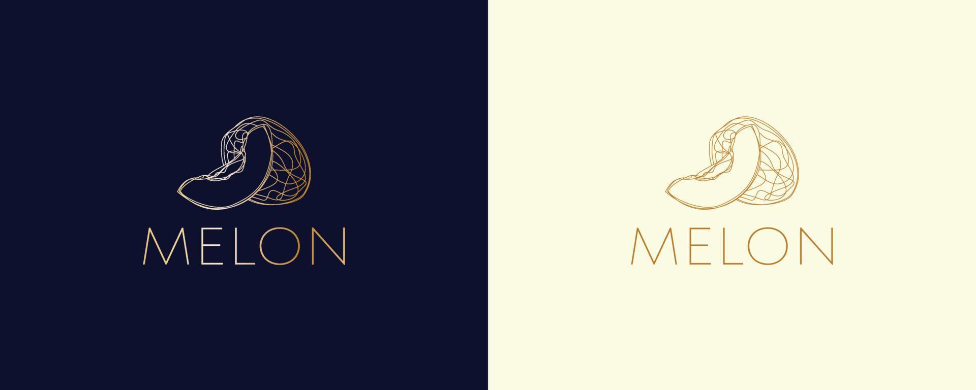 logotipo vectorial en el que se muestra una imagen abstracta de una fruta de melón. vector de icono de línea de diseño de logotipo de melón elegante en contorno de estilo de lujo lineal. boutique premium, joyería, salón de bodas.