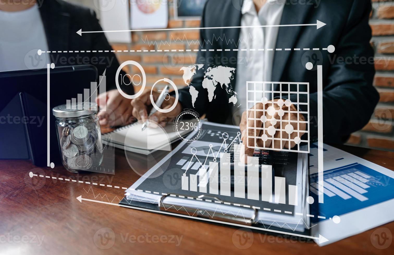 Data Management System with Business Analytics concept. business team hands working with provide information for Key Performance Indicators and marketing virtual computer photo