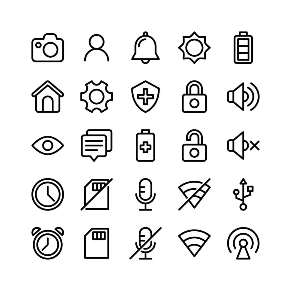 Basic UI Line Icons Including Camera, User, Bell, Sun, Battery, Home, Gear, Shield, Padlock, Speaker, Eye, Chat, Battery, Padlock, Speaker, Clock, Memory Card, Microphone, Wifi, Port, Clock, Etc vector