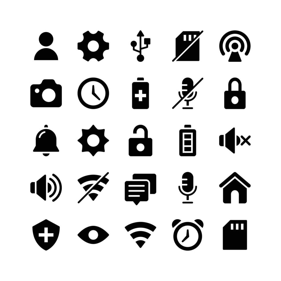 iconos de glifo de interfaz de usuario básicos que incluyen usuario, equipo, puerto, tarjeta de memoria, wifi, cámara, reloj, batería, micrófono, candado, campana, sol, candado, batería, altavoz, altavoz, wifi, chat, micrófono, hogar, etc. vector