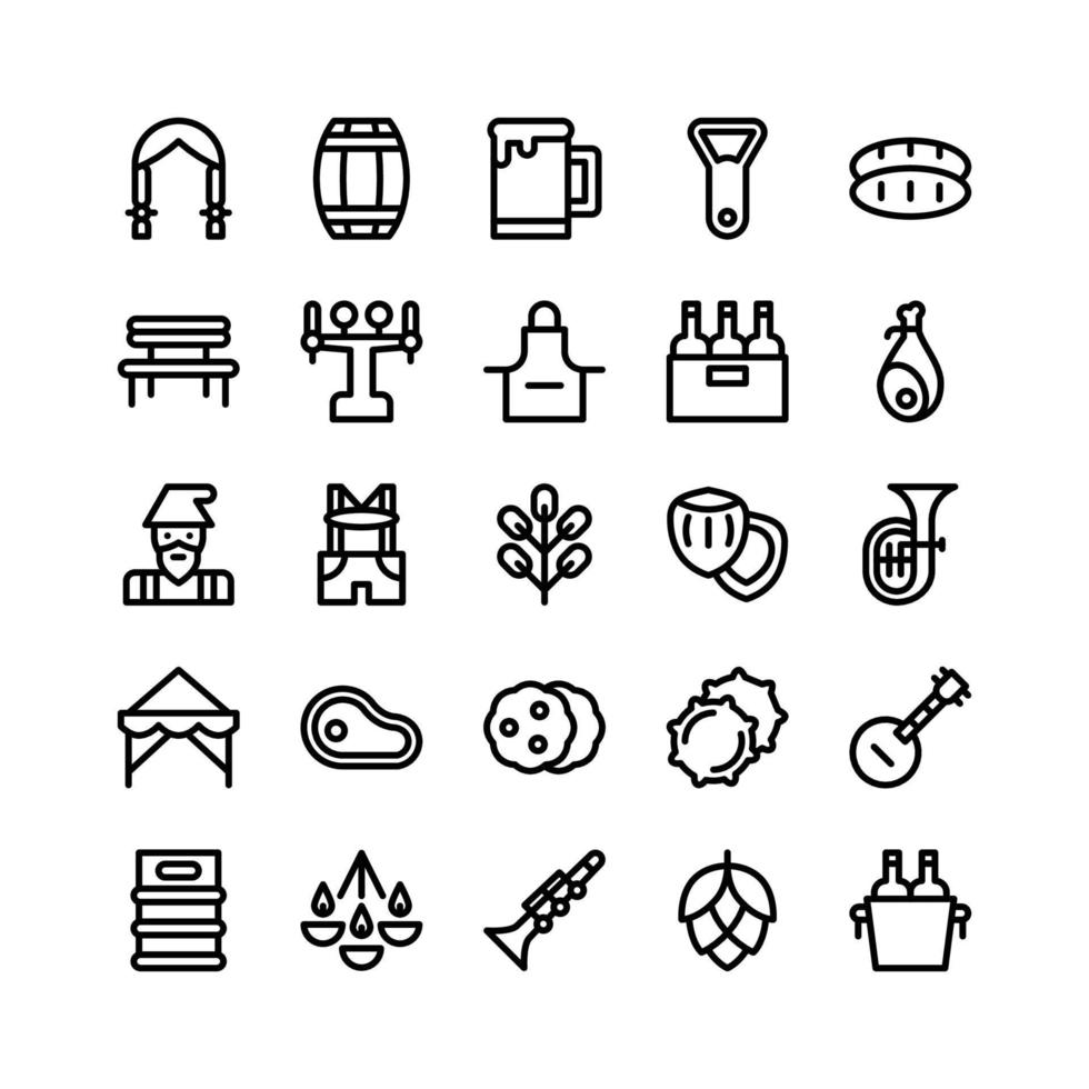 iconos de línea que incluyen trenza, barril, cerveza, botella, pan, banco, delantal, jamón, gnomo, lederhosen, hoja, avellana, tuba, carpa, carne, galleta, gorra, banjo, candelabro, clarinete, lúpulo, cubo vector