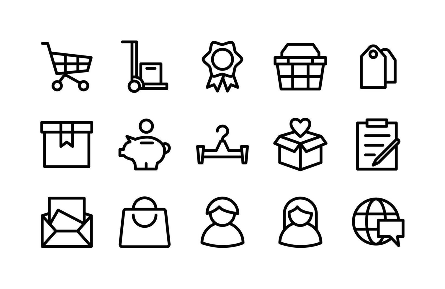 E Commerce Line Icons Including Cart, Trolley, Medal, Basket, Tags, Gift, Piggy, Hanger, Box, Clipboard, Mail, Bag, Man, Women, Internet vector