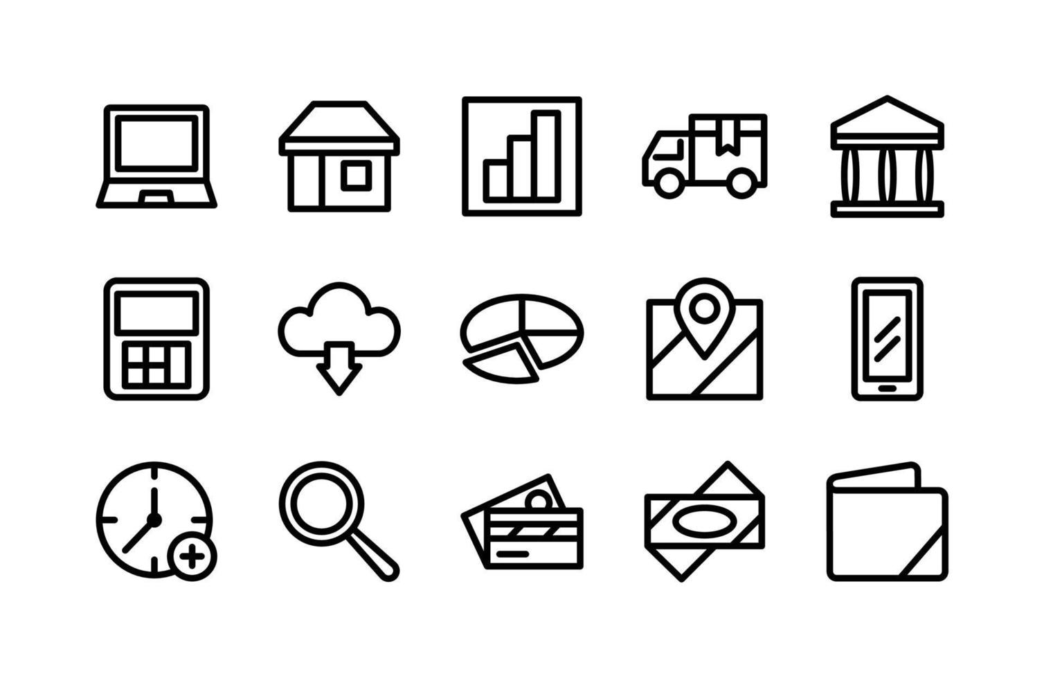 E Commerce Line Icons Including Laptop, Shop, Statistic, Truck, Bank, Calculator, Cloud, Diagram, Map, Handphone, Clock, Magnifier, Card, Money, Wallet vector