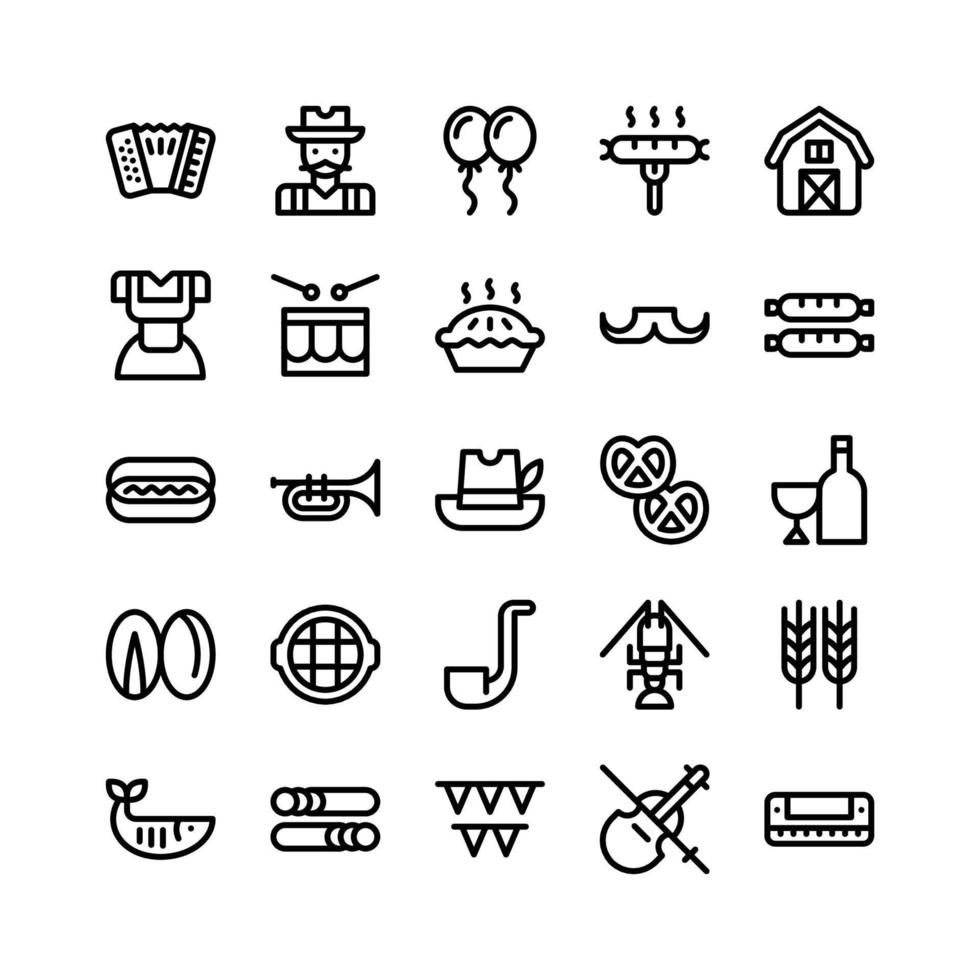 iconos de línea que incluyen acordeón, bávaro, globo, barbacoa, granero, dirndl, tambor, pastel, bigote, salchicha, perrito caliente, trompeta, tirolesa, pretzel, vino, pistacho, parrilla, pipa, langosta, trigo, pescado, etc. vector