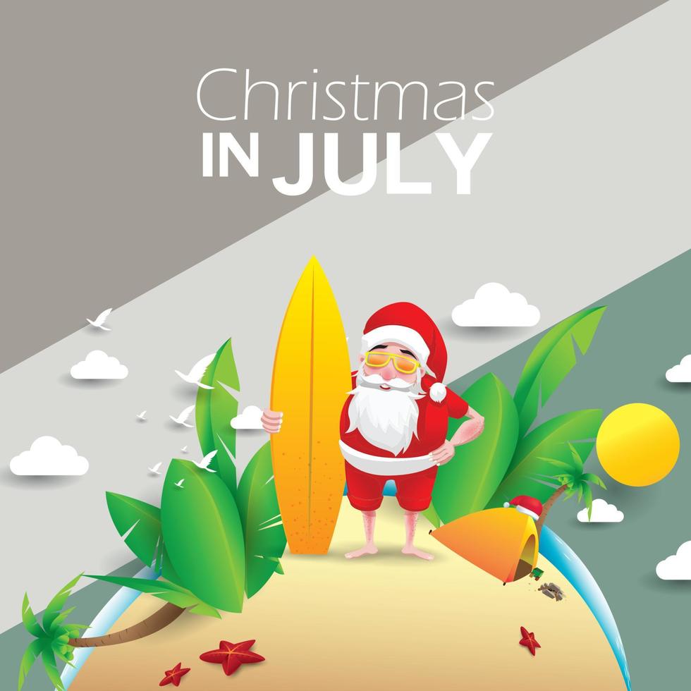 navidad en junio, julio, agosto, para carteles, marketing, publicidad, venta de verano, tarjeta de felicitación. santa en verano con espacio para copiar texto vector