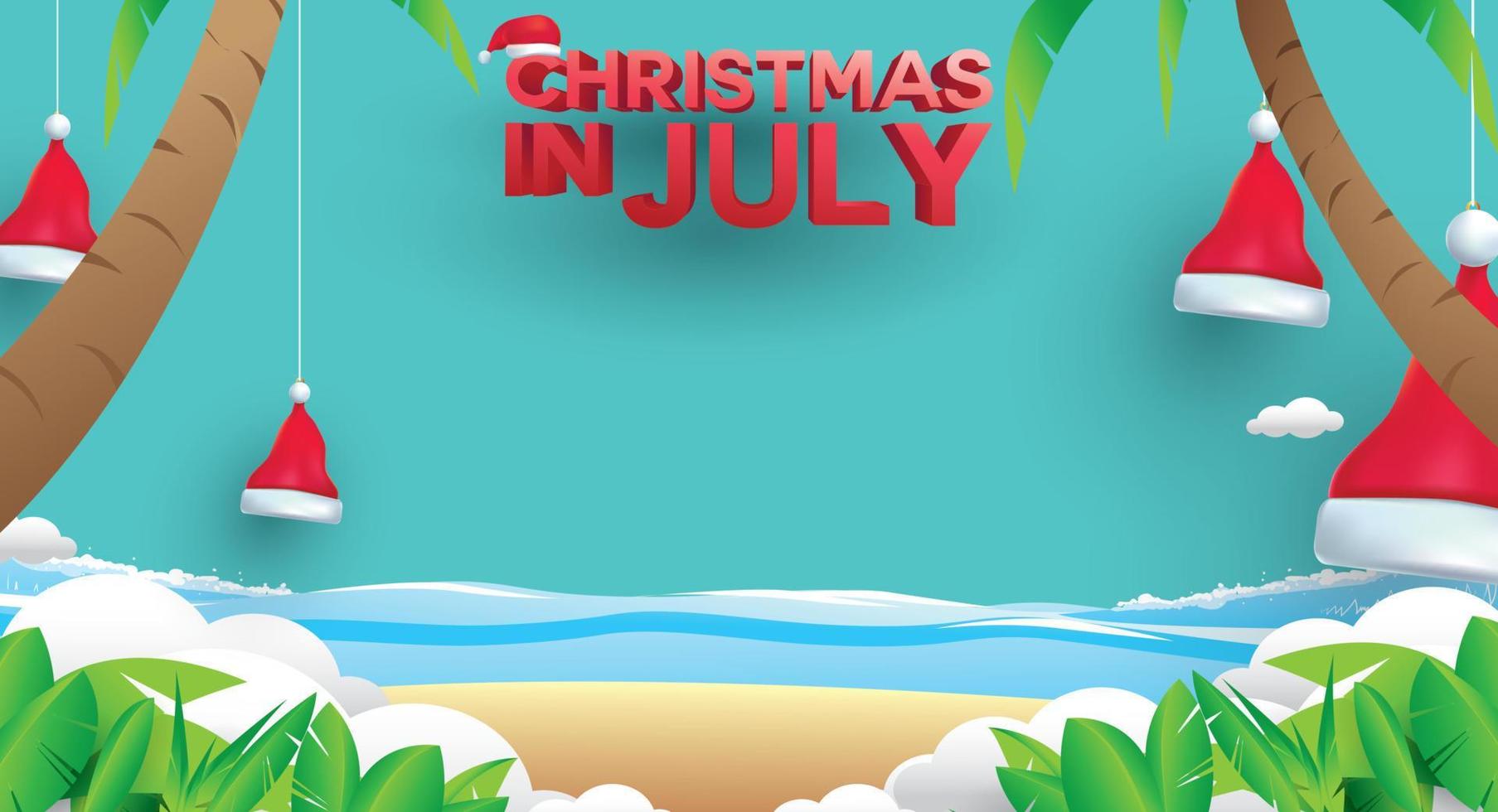 Christmas in June, July, August, for poster, marketing, advertising, summer sale, greeting card. santa in summer with copy space for text vector