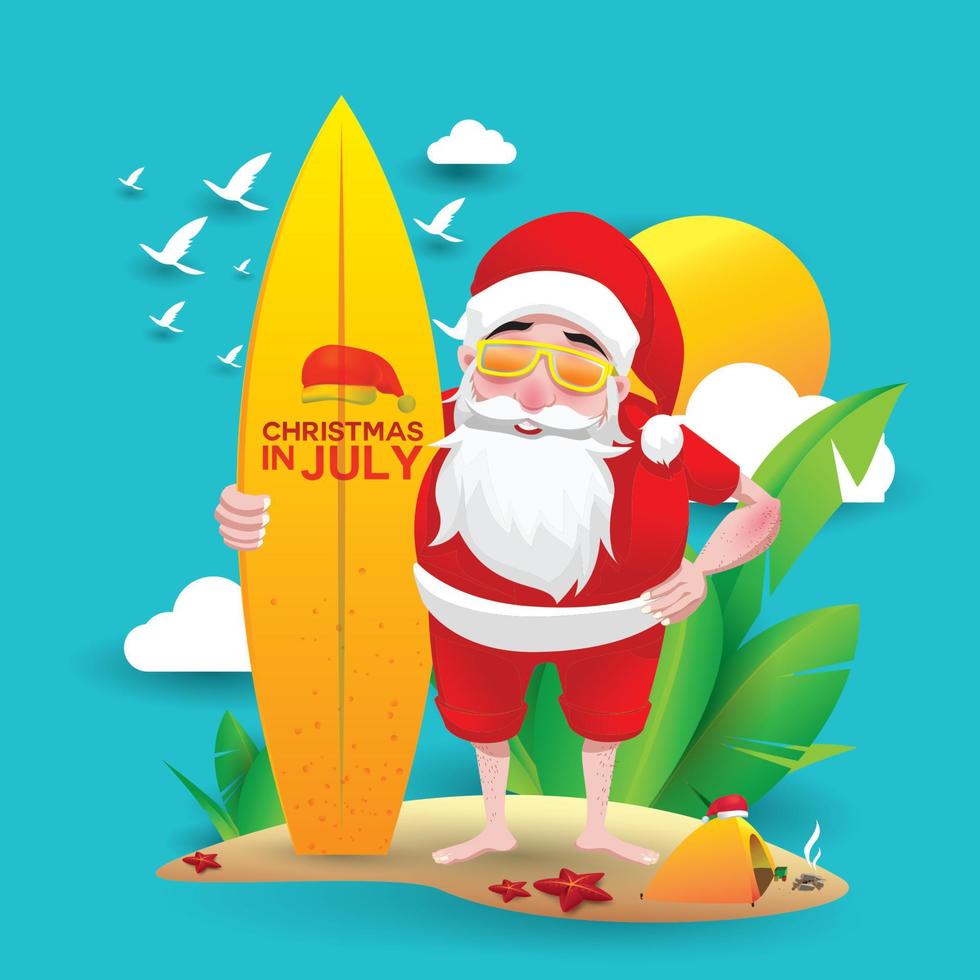 navidad en junio, julio, agosto, para carteles, marketing, publicidad, venta de verano, tarjeta de felicitación. santa en verano con espacio para copiar texto vector