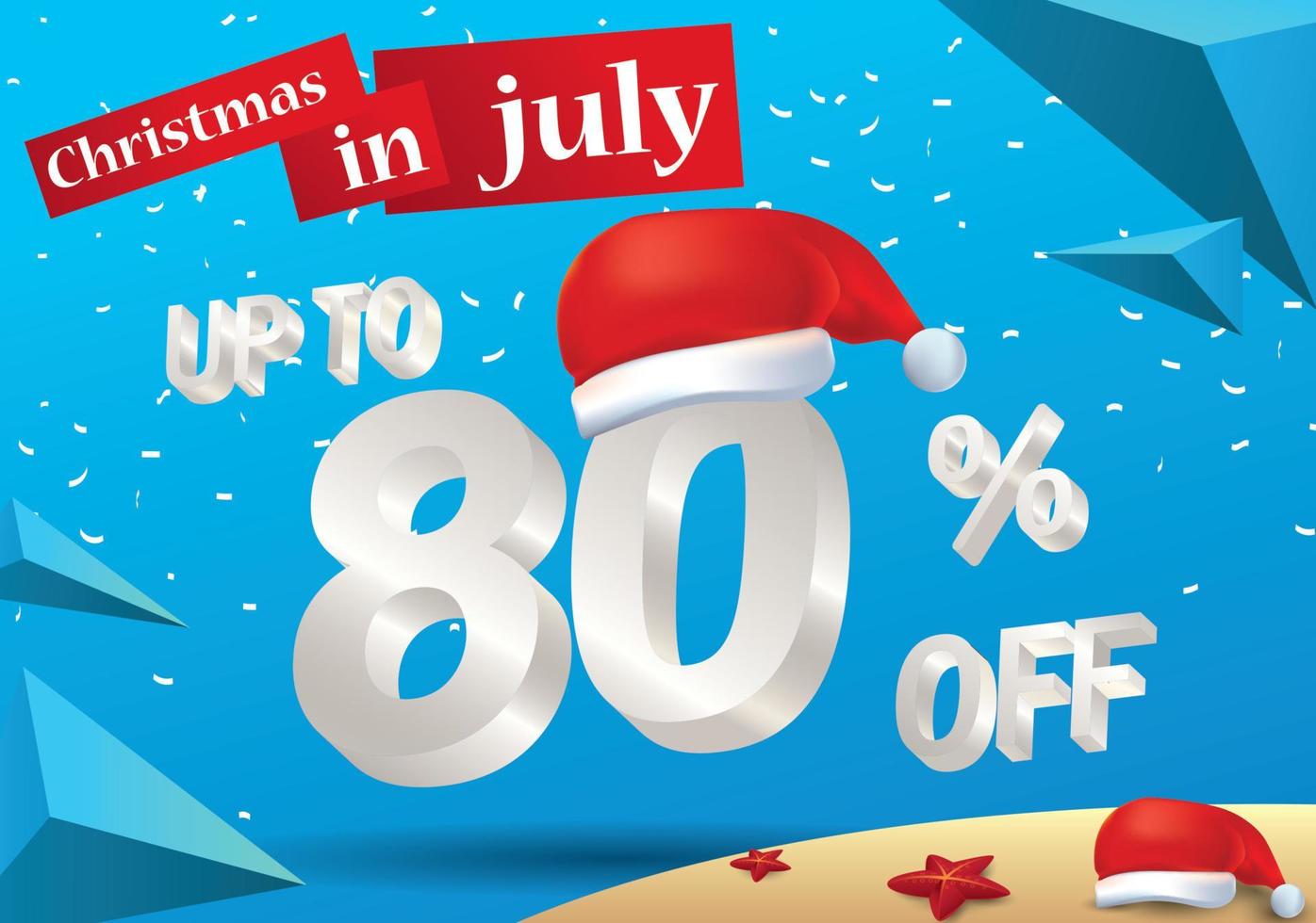 la venta más grande de navidad en julio, póster o plantilla de banner, con sombrero de santa y ofertas de descuento del 80 por ciento en 3d. vector