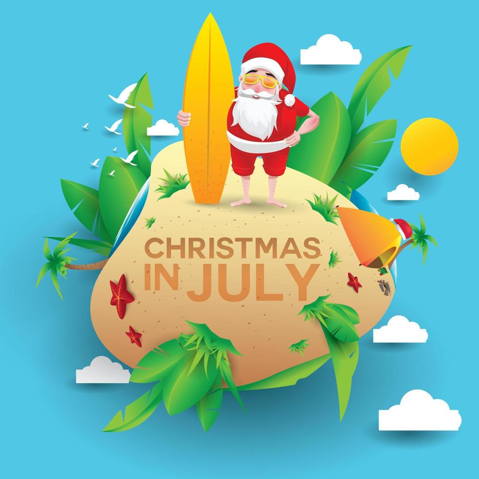 navidad en junio, julio, agosto, para carteles, marketing, publicidad, venta de verano, tarjeta de felicitación. santa en verano con espacio para copiar texto vector