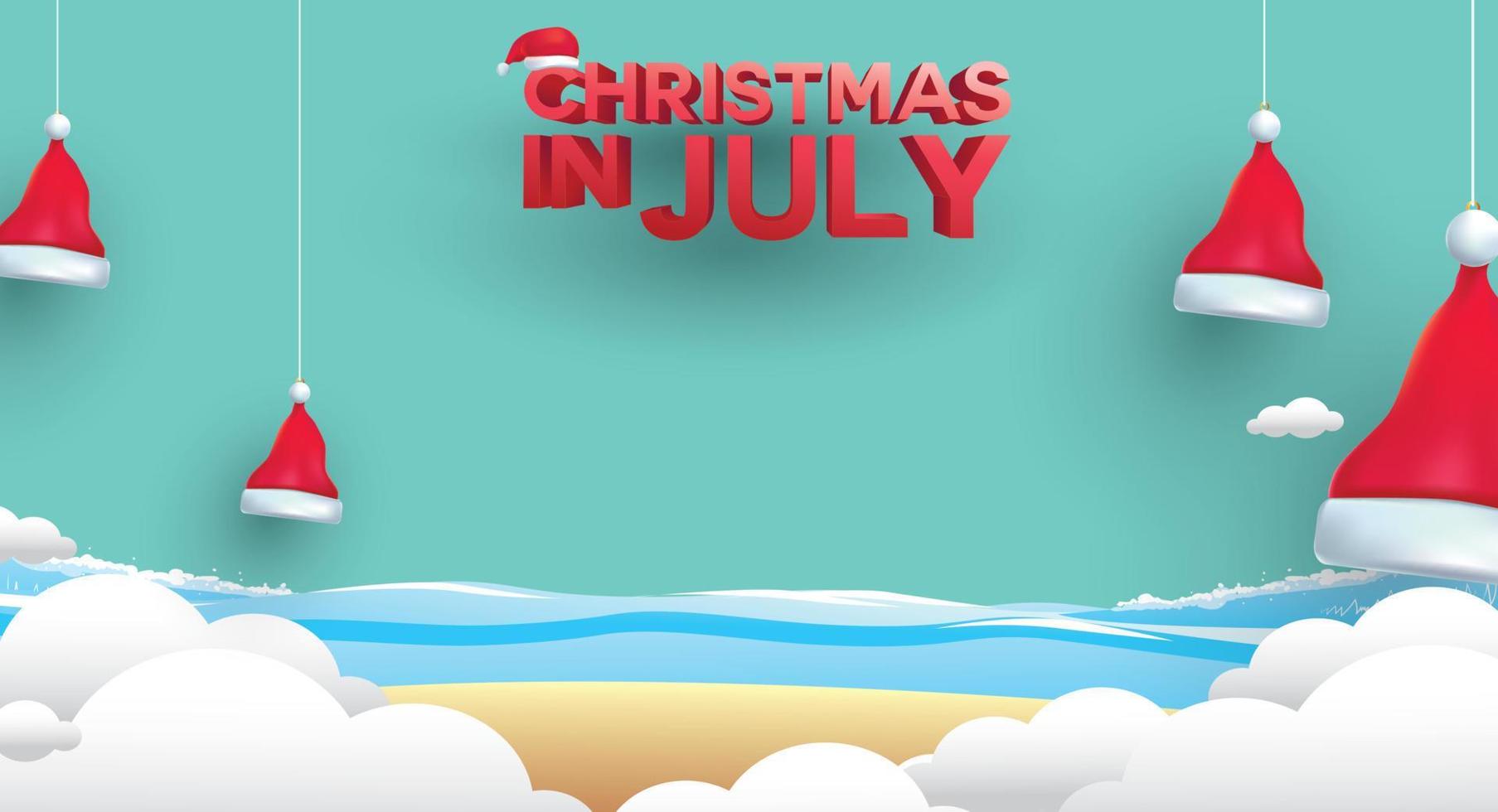 navidad en junio, julio, agosto, para carteles, marketing, publicidad, venta de verano, tarjeta de felicitación. santa en verano con espacio para copiar texto vector