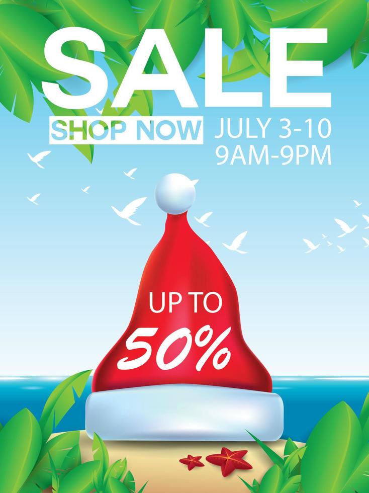 navidad en junio, julio, agosto, para carteles, marketing, publicidad, venta de verano, tarjeta de felicitación. santa en verano con ofertas de descuento de espacio de copia. vector