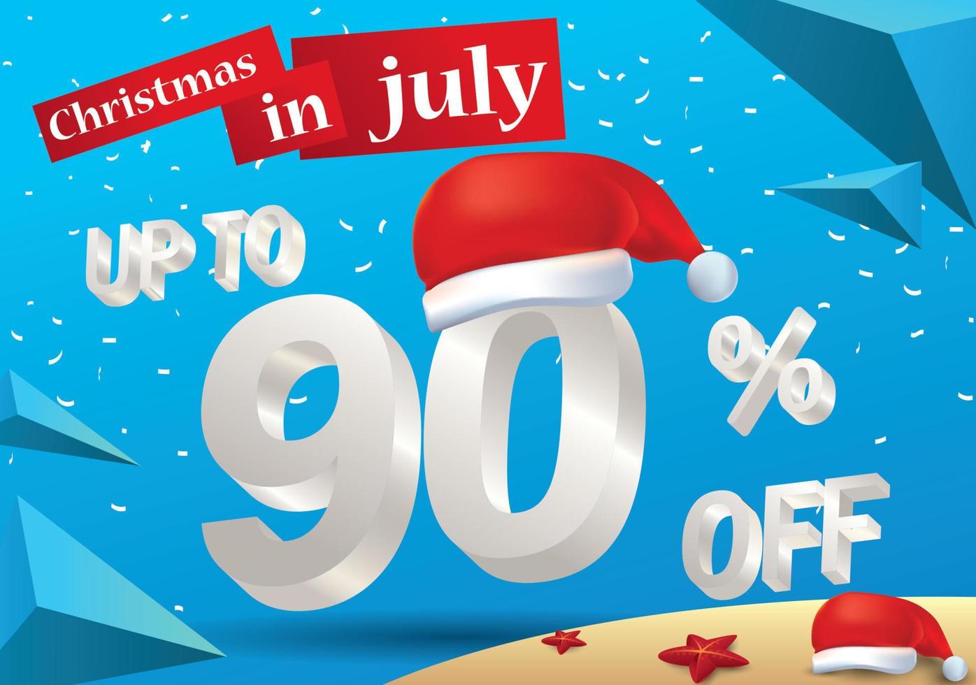 la venta más grande de navidad en julio, póster o plantilla de banner, con sombrero de santa y ofertas de descuento del 90 por ciento en 3d. vector