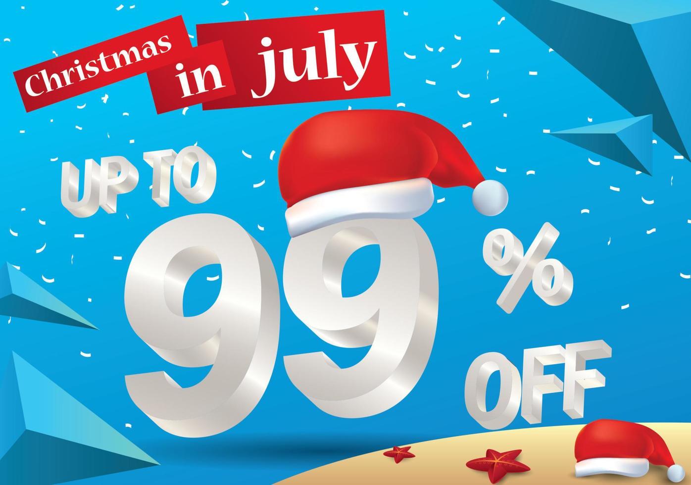 la venta más grande de navidad en julio, póster o plantilla de banner, con sombrero de santa y ofertas de descuento del 99 por ciento en 3d. vector