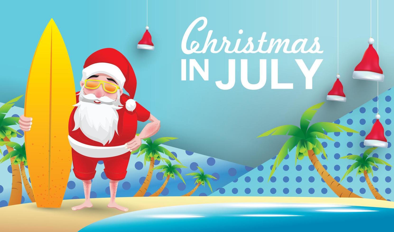 navidad en junio, julio, agosto, para carteles, marketing, publicidad, venta de verano, tarjeta de felicitación. santa en verano con espacio para copiar texto vector