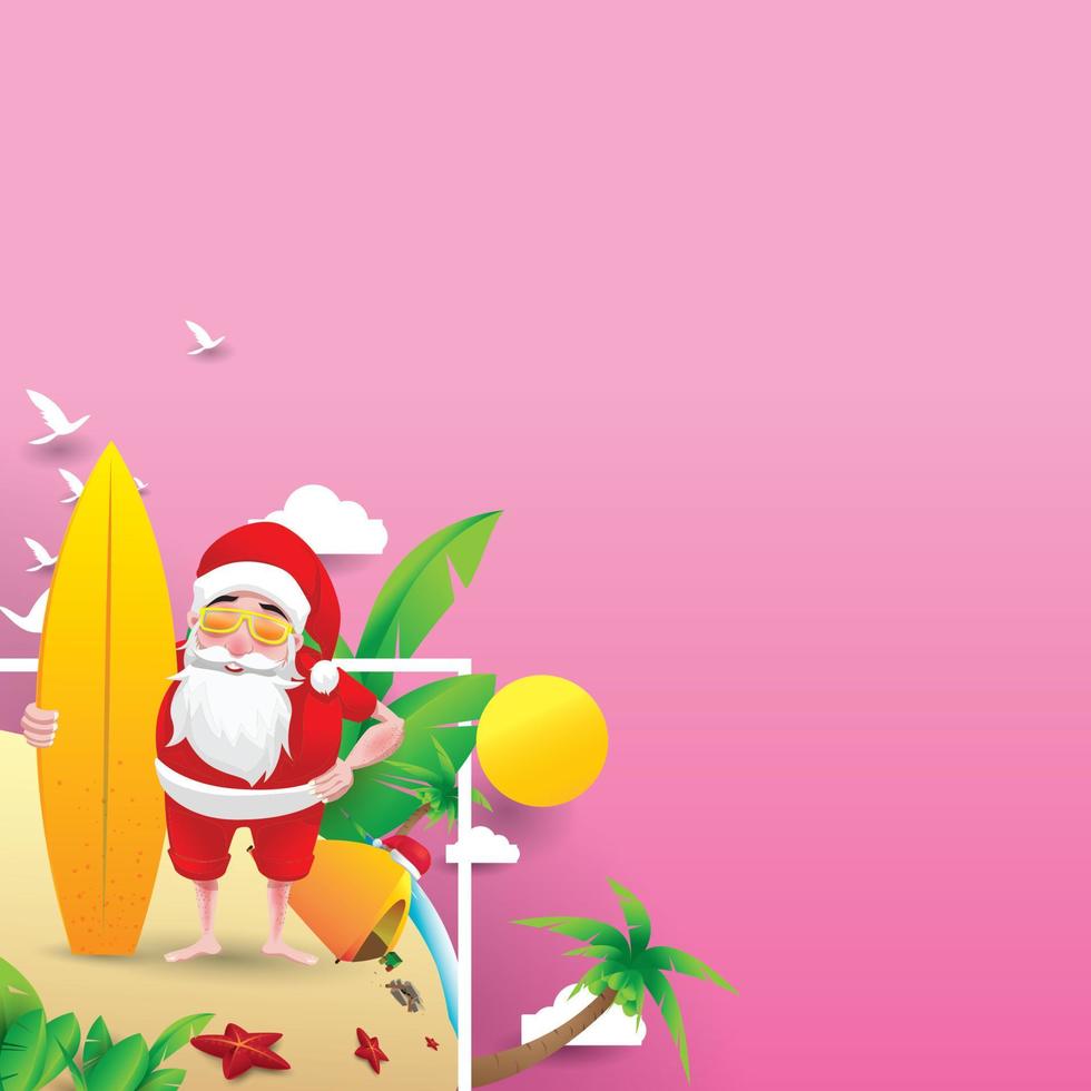 navidad en junio, julio, agosto, para carteles, marketing, publicidad, venta de verano, tarjeta de felicitación. santa en verano con espacio para copiar texto vector